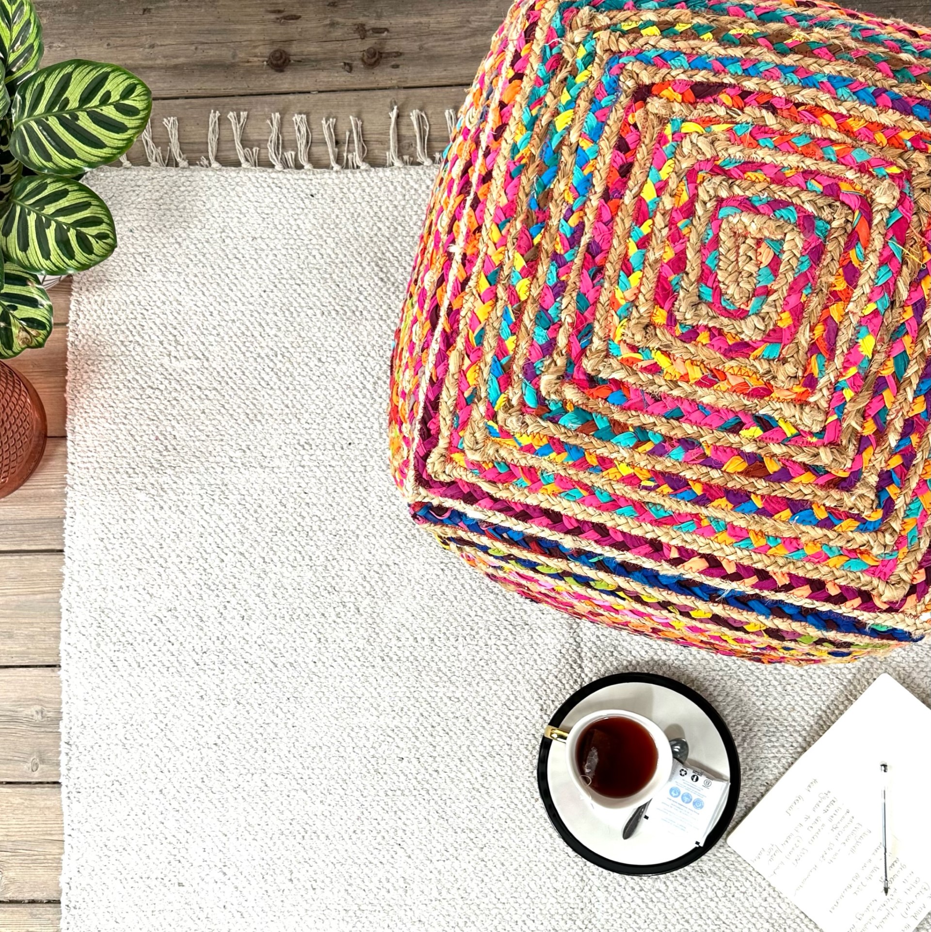 Large, colourful and hard wearing chindi cotton and braided jute square pouffe, ottoman, footrest, low seat